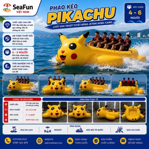 phao keo pikachu mau vang pvc mo luoi gia cuong cho 4 den 6 nguoi seafun