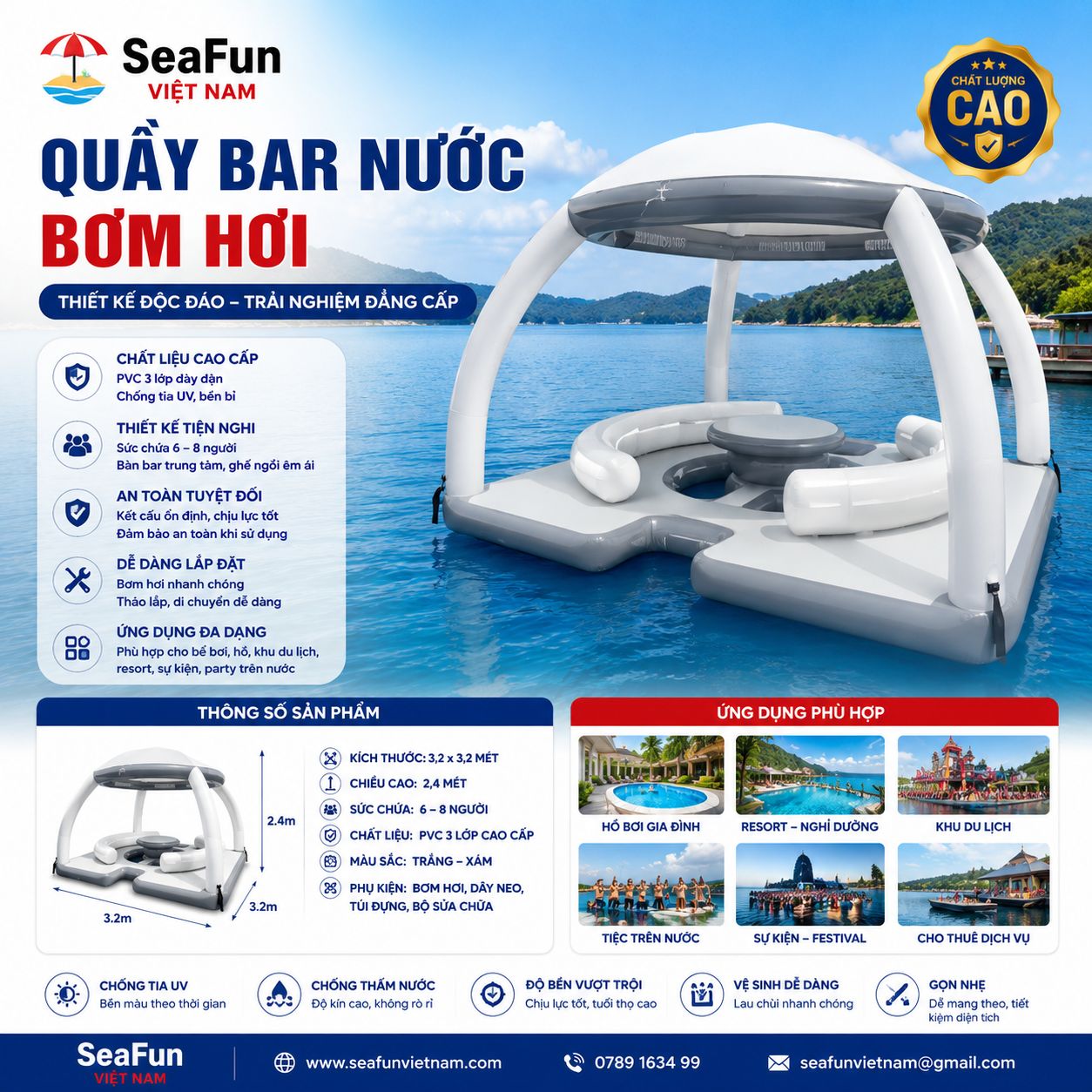 quay bar nuoc bom hoi bat pvc 3 lop chong tia uv mai vom trang xam seafun